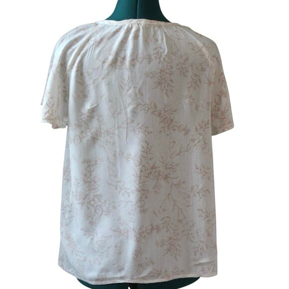 Como Blu Boho Peasant Blouse Cream Pink Floral Tie Neck Top M - Picture 2 of 5